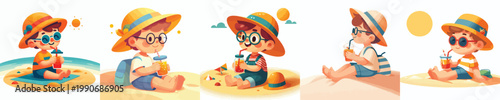 vector of a little boy sitting on the beach sand enjoying ice in summer