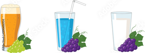 Beverage Glass Set with Beer, Blue Cocktail, Milk and Grapes Vector Illustration for Drinks Menu, Refreshment Design and Alcoholic and Non Alcoholic Beverage Concepts