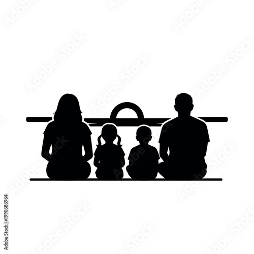 Billede på lærred Family sitting together on bench outside.