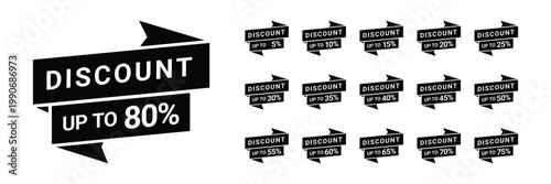 Discount promotional ribbons, folded sale banners, and percentage numbers for retail marketing solid icon set
