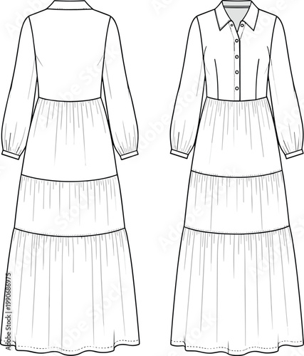 Long sleeve tiered maxi dress sketch, technical fashion illustration, collared neckline garment, button front apparel design, gathered skirt clothing pattern drawing