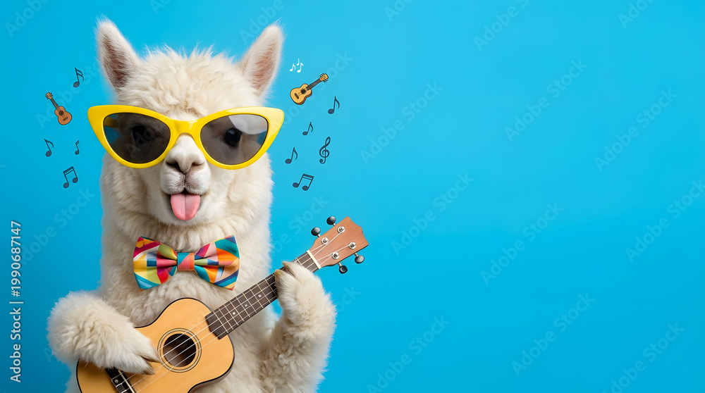 Fototapeta premium Funny White Alpaca in Yellow Sunglasses and Bow Tie Playing Ukulele with Copy Space on Blue Background