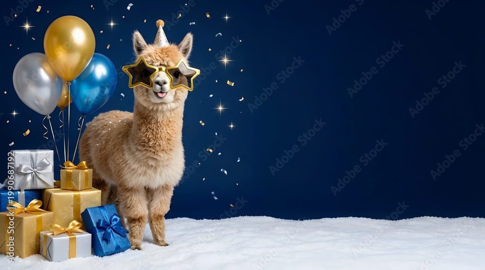 Naklejka premium Funny Alpaca in Party Hat and Star Sunglasses with Birthday Gifts and Balloons with Copy Space on Blue Background