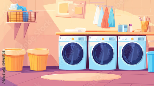 Cartoon laundry room with three washing machines, towels, and various accessories