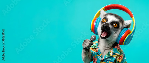 Funny Lemur in Tropical Shirt and Headphones Singing into Microphone with Copy Space on Turquoise Background