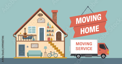 A cheerful red moving service truck stands next to a cutaway home showing its furnished interior