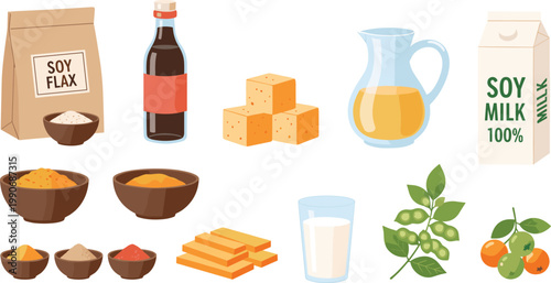 Soy Products Set with Soybeans, Milk, Sauce, Tofu, Oil, Flour and Spices Vector Illustration for Vegan Food, Plant Based Nutrition and Organic Ingredients Design