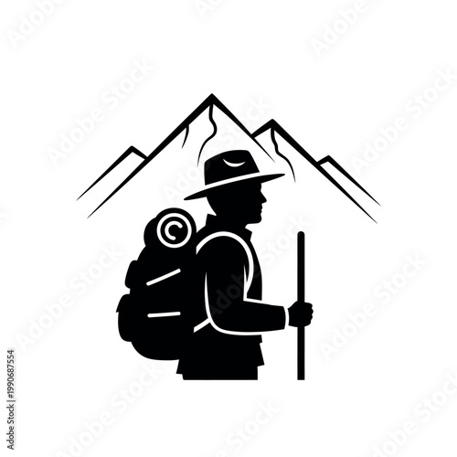 Silhouette of a Hiker with Backpack and Mountains.