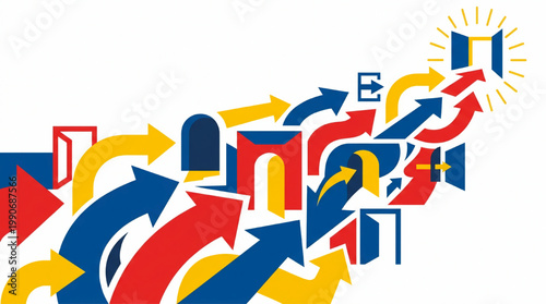 Abstract illustration of multiple paths leading to a bright open door