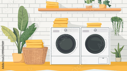 A cozy laundry room scene with two washing machines, plants, and yellow folded towels
