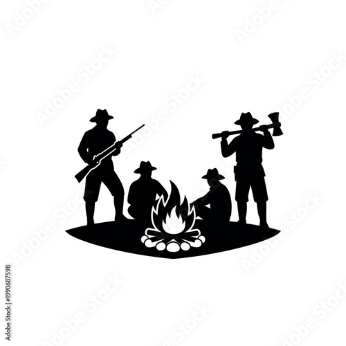 Silhouette of campers gathered around a campfire with rifles and an axe.