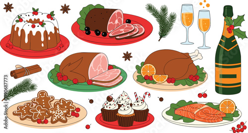 Christmas Festive Food Set with Roast Turkey, Ham, Salmon, Gingerbread Cookies, Cupcakes, Champagne and Holiday Decorations Vector Illustration for Seasonal Menu Design