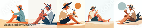 vector of a man sitting on the beach sand enjoying ice in summer