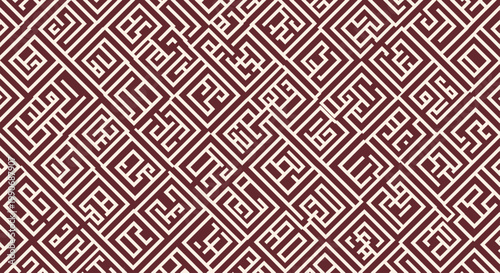 Red and cream geometric maze pattern on a textured background