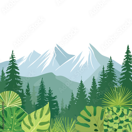 Vibrant forest illustration with mountains and lush vegetation nature concept