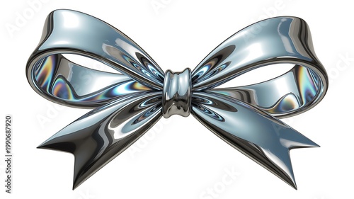 Silver Chrome Metallic 3D Ribbon Bow with Transparent Background, Glossy Y2K Coquette Decoration

