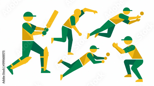 Set of cricket player actions in flat design
