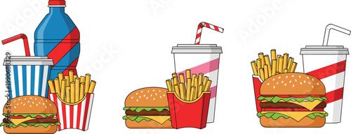 Fast Food Combo Vector Set with Burger, French Fries, and Soft Drinks in Cups and Bottles for Takeaway, Restaurant Menu, and Delivery Design
