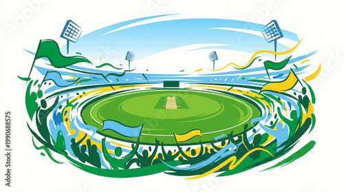 Cricket stadium with cheering crowd and floodlights