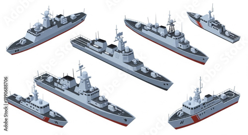 Collection of Military Ships and Warships in Sea.