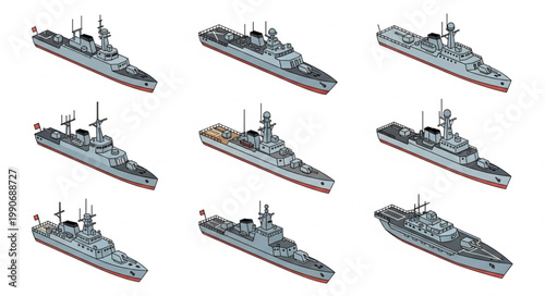 Collection of Military Ships in Various Angles and Sizes.