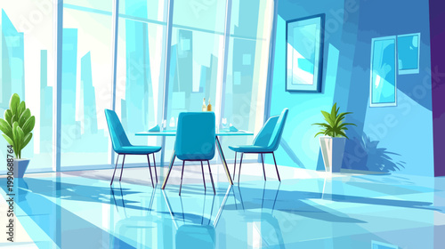 A cartoon-style dining room bathed in sunlight with a cityscape outside large windows
