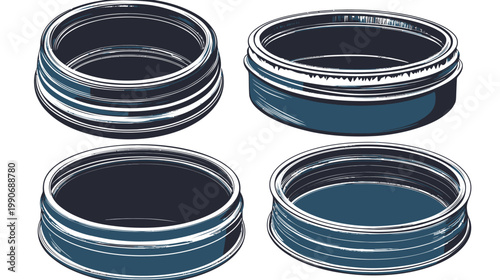 Four stylized, cylindrical containers in varying perspectives, colored in shades of blue