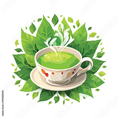 Vibrant green tea cup surrounded by leaves illustration design