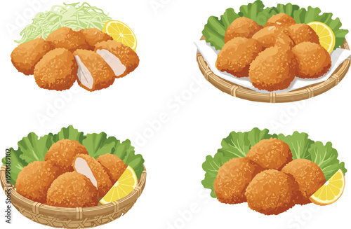 Crispy Fried Chicken Nuggets Vector Set with Lemon Slices and Lettuce Garnish Served in Basket and Plate for Fast Food Menu Designs