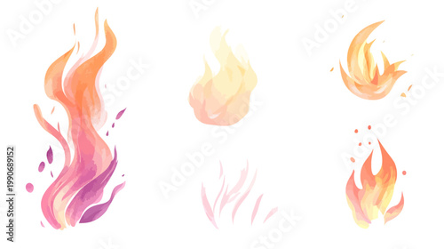 Artistic depiction of flames in various shapes and sizes, with watercolor effects on white background