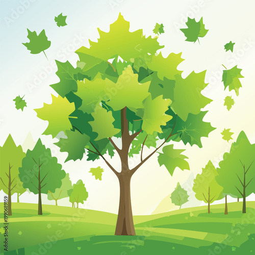 Vibrant illustration of a stylized tree with floating leaves against green landscape