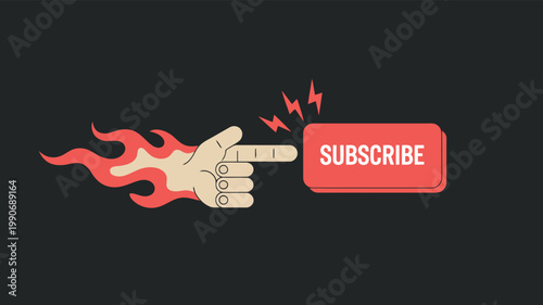 A dynamic cartoon hand with flowing red flames points directly at an eye catching subscribe button