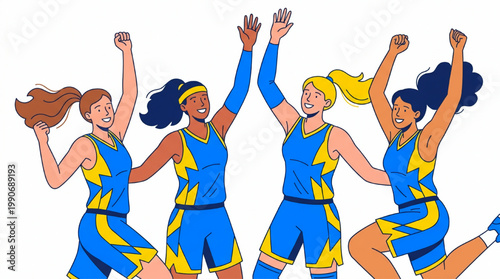 Happy group of diverse female basketball players celebrating
