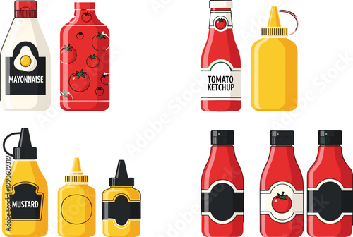 Sauce bottles vector set with mayonnaise, mustard, ketchup and tomato sauce containers, condiment packaging icons for fast food menu and grocery design