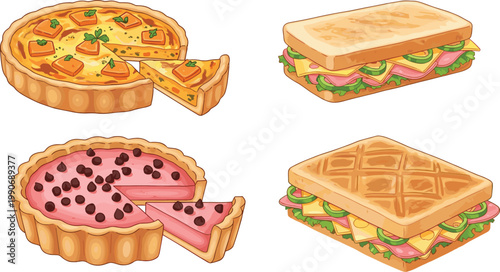 Sandwiches and pies vector set with toasted club sandwiches, savory quiche, and sweet berry tart slices, delicious bakery fast food illustration