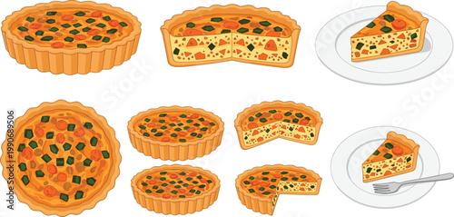 Savory Vegetable Quiche Illustration Set with Whole Pie, Slices, and Serving Plate for Bakery Menu Design, Homemade Cooking, and Gourmet Food Graphics