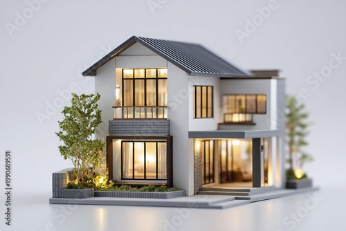 Modern architectural house model with illuminated windows and surrounding greenery, showcasing stylish two story residential design with pitched roof and large glass panels
