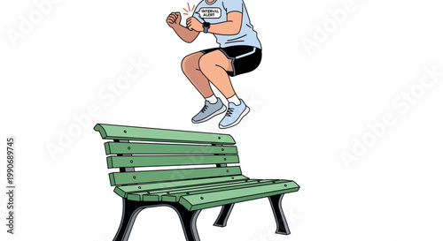person jumping over green park bench with dumbbell