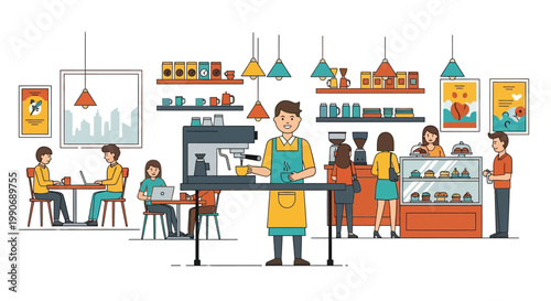 Lively coffee shop scene with barista and customers working and ordering.