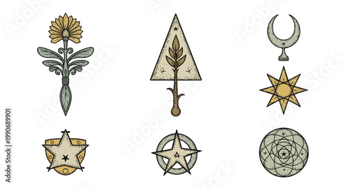 Collection of mystical hand drawn esoteric symbols and magic icons on white.