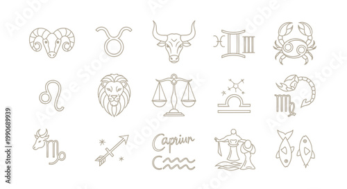 Collection of zodiac signs and astrology symbols in line art.