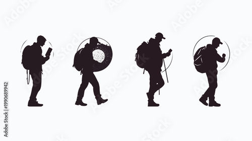 Silhouettes of four hikers with backpacks, interacting with a tablet and walking. Minimalist art style