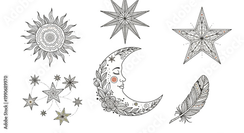 Boho celestial elements with sun, moon, stars, and feather