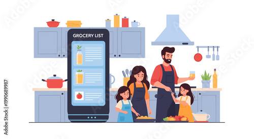 Family using smartphone for grocery shopping list in kitchen
