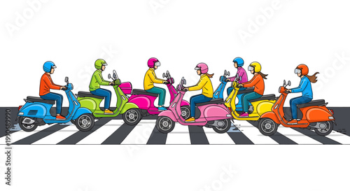 Colorful scooters crossing street with riders in helmets