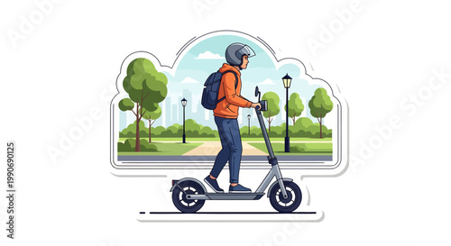 Person riding electric scooter in park with trees and streetlights