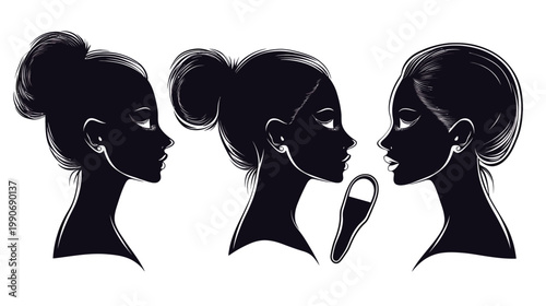 Black and white illustration of three stylized women's profiles with varying hairstyles