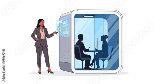 Businesswoman presenting to colleagues in modern meeting pod