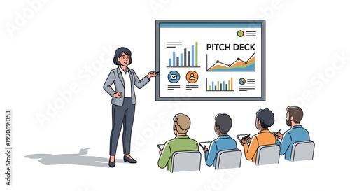 Businesswoman presenting pitch deck to audience in meeting