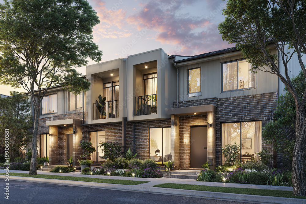 Fototapeta premium Newly built modern family homes with brick and siding exterior, warm evening lighting, balconies, and landscaped front yards under colorful sky at sunset